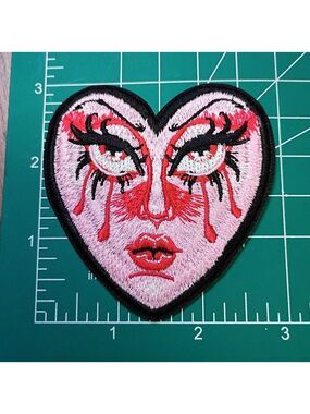 2/$10 Grunge Heart-Shaped Embroidered Patch with Dramatic Face
